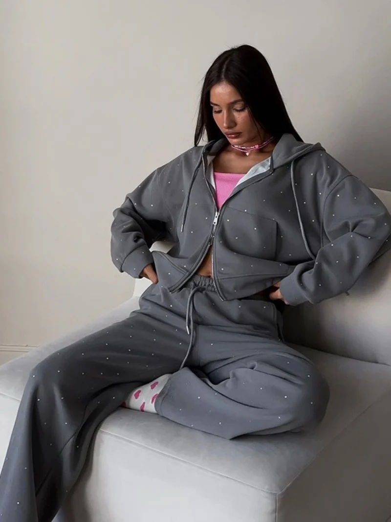 Women\'s Hoodie Set New Style Zipper Cardigan Gray Speckle Sweatshirt Loose Tops Elastic Waist Sweatpants Female\'s 2pcs Sets