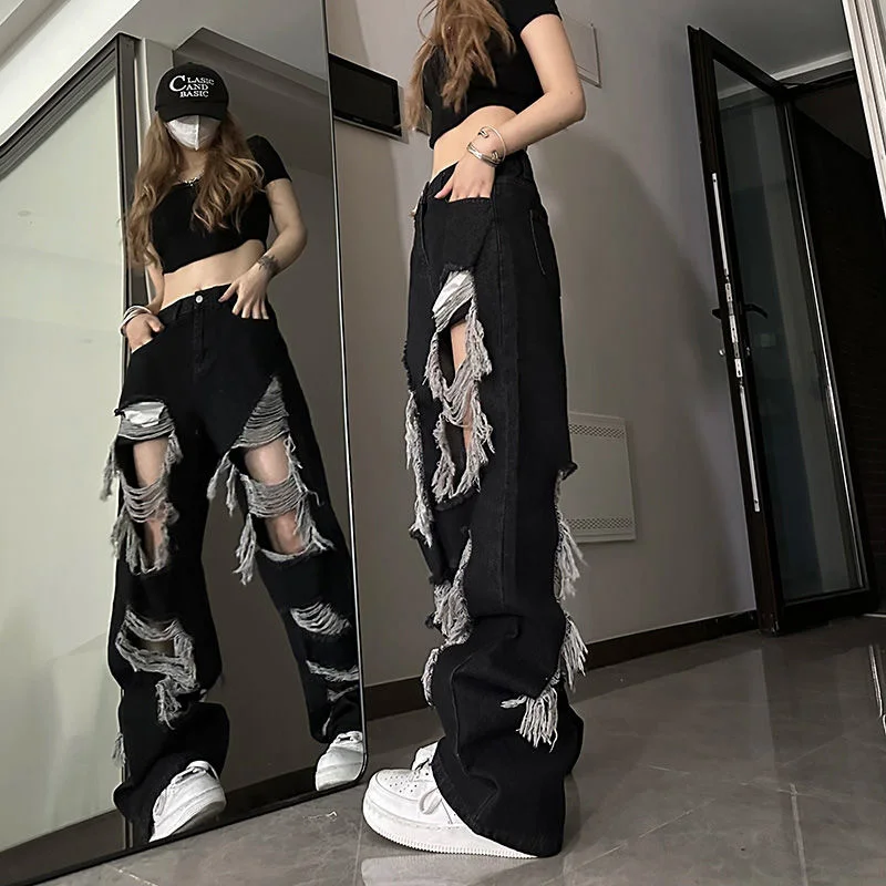 Black Ripped Jeans Women Fashion Dark Academic Harajuku Y2K Irregular Pants American Loose Chic Gothic Bf Casual Demin Trousers