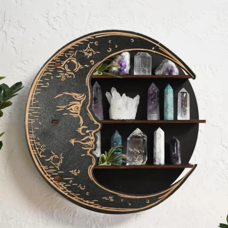 Wooden Shelf Moon Face Display Stand Floating Shelf Wall Decor Wall Shelf Boho Home Decoration Crystal Holder Wall Organizer