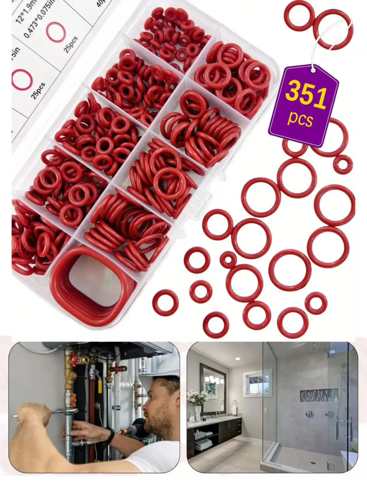 kit-de-vedacao-de-silicone-vermelho-com-351-pecas-o-rings-e-arruelas-de-borracha-em-10-tamanhos-para-torneiras-de-banheiro-chuveiros-tubulacoes-de-Agua-e-encanamentos-automotivos