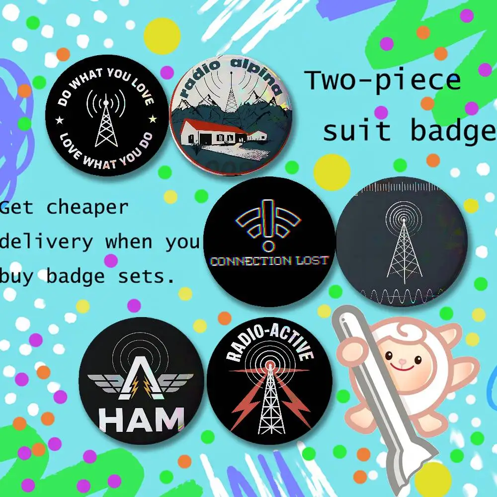 Brooches for Backpack Accessories 25,32,44,58,75mm Round Enamel Pins 2-piece set Cartoon Anime Amateur Radio Badge Vintage