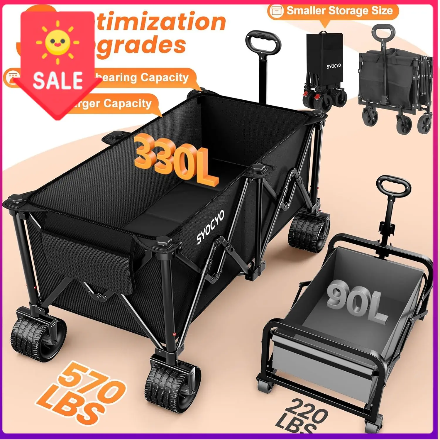 

Распродажа! Складная тележка-вагончик с грузоподъемностью 570 фунтов, пляжная тележка с большими внедорожными колесами, усиленная, для тяжелых условий эксплуатации.