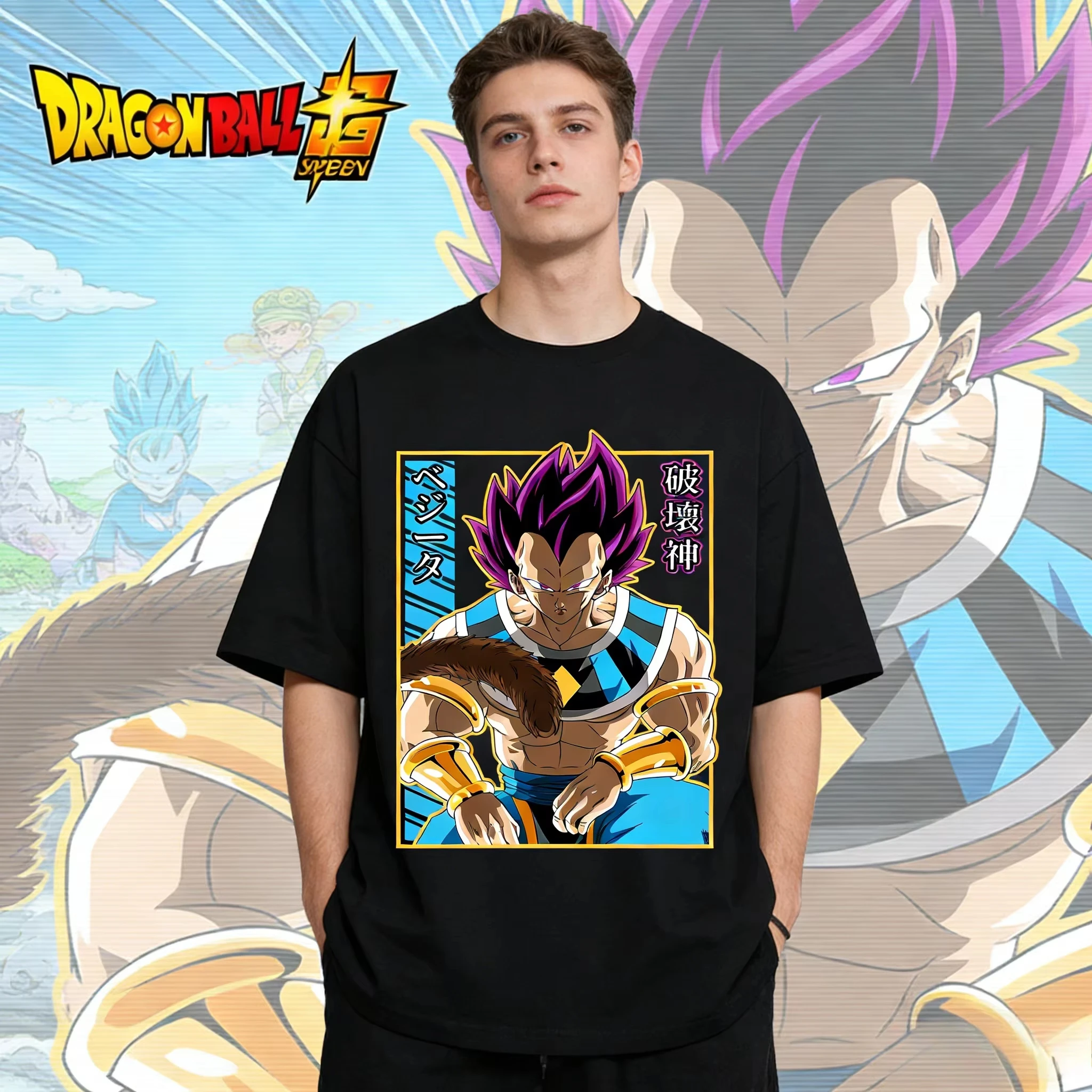 2026 New Dragon Ball Vintage Vegeta Destruction God Form Kanji Printed Short Sleeve T-shirt Men's and Women's T-shirt Men's Tops