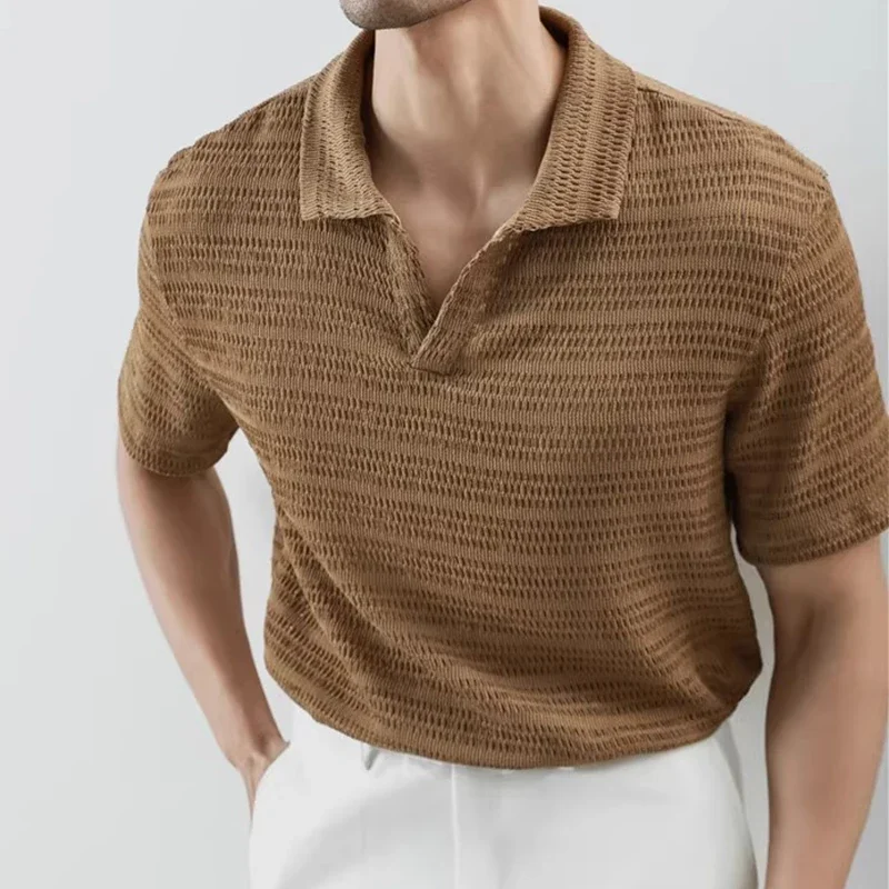 

Стильные мужские рубашки поло с коротким рукавом, вязаные дышащие топы с вырезом поло, мужские летние новые повседневные однотонные вязаные поло