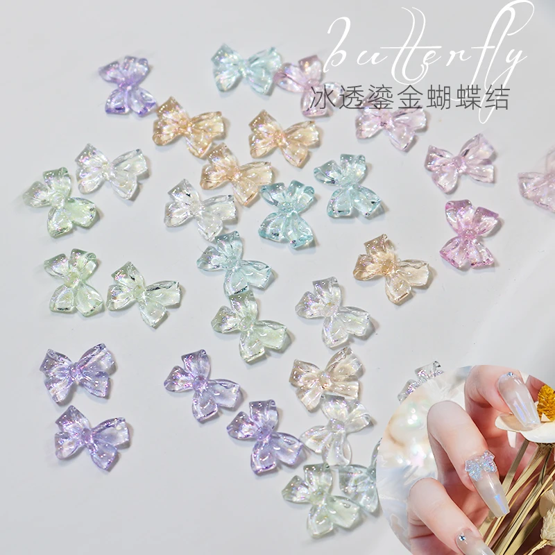 New 100PCS Glitter Bow AB Color Matter Gloss Resin 3D Kawaii Ribbon Korean Trendy Design Nail Art Decoration Charms Bulk Supply