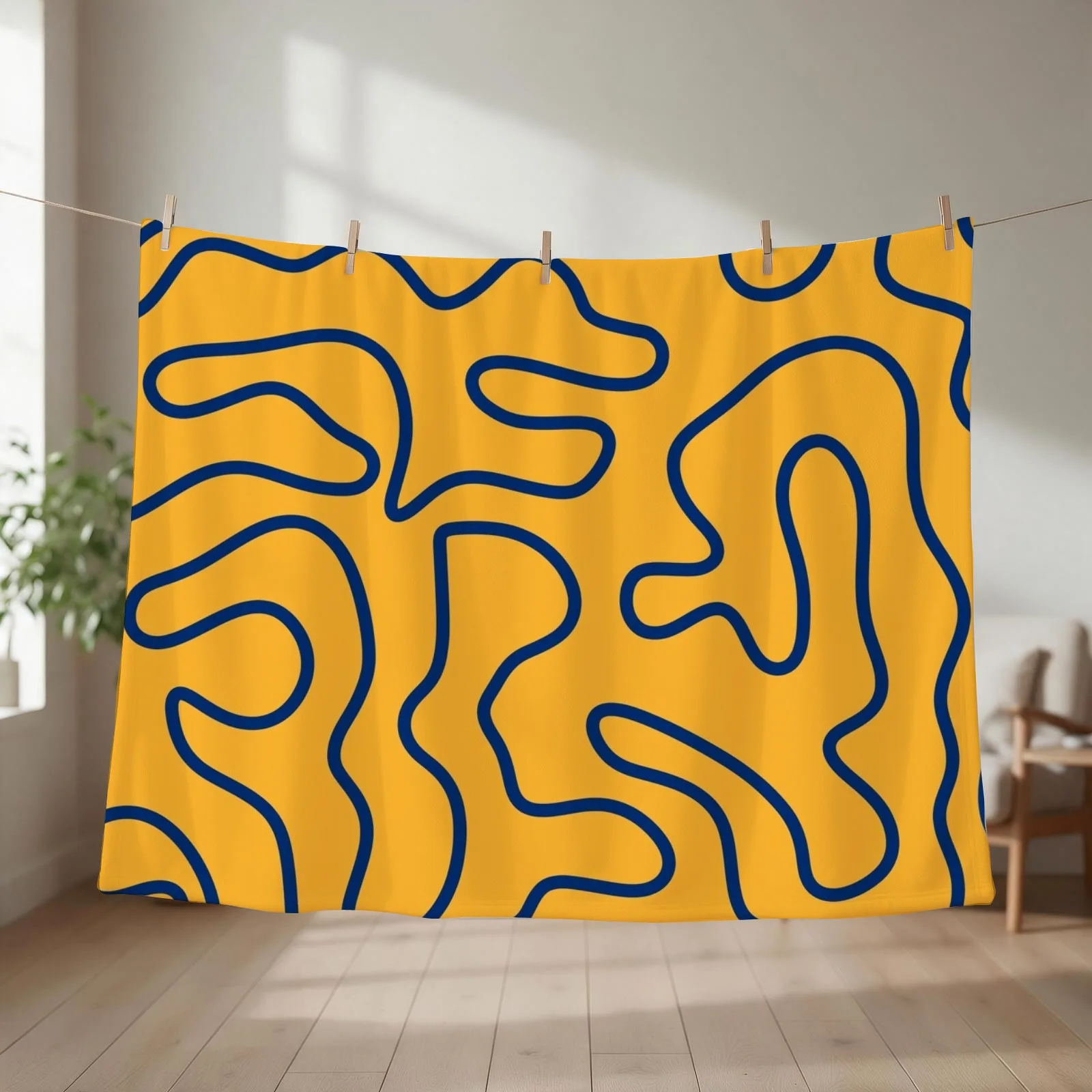 Squiggle Maze Minimalist Abstract Pattern in Navy Blue and Mustard Yellow Throw Blanket