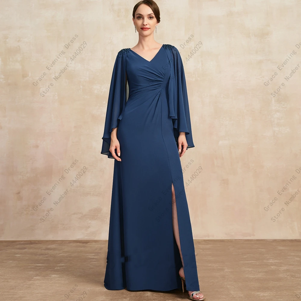 

Charming Jersey Navy Blue Mother of Bride Dresses for Women Draped Side Slit Wedding Party Gown Strapless Robe De Soirée Summer