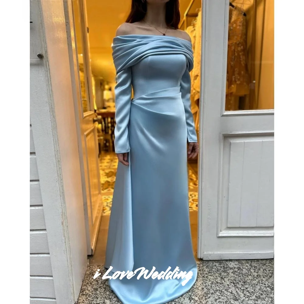 블루 스트랩리스 이브닝 드레스 2025 오프 숄더 긴 소매 A라인 바닥 길이 백리스 플리츠 웨딩 파티 드레스 맞춤 제작