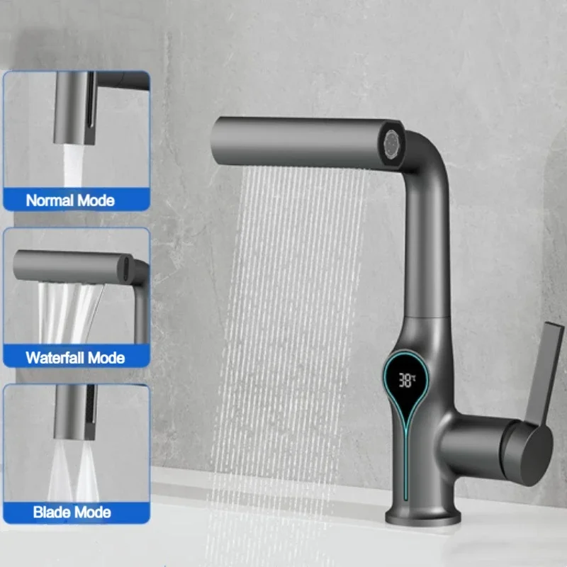 Waterfall Temperature Digital Display Basin Faucet Lift Up Down Stream Sprayer Hot Cold Water Sink Mixer Wash Tap For Bathroom