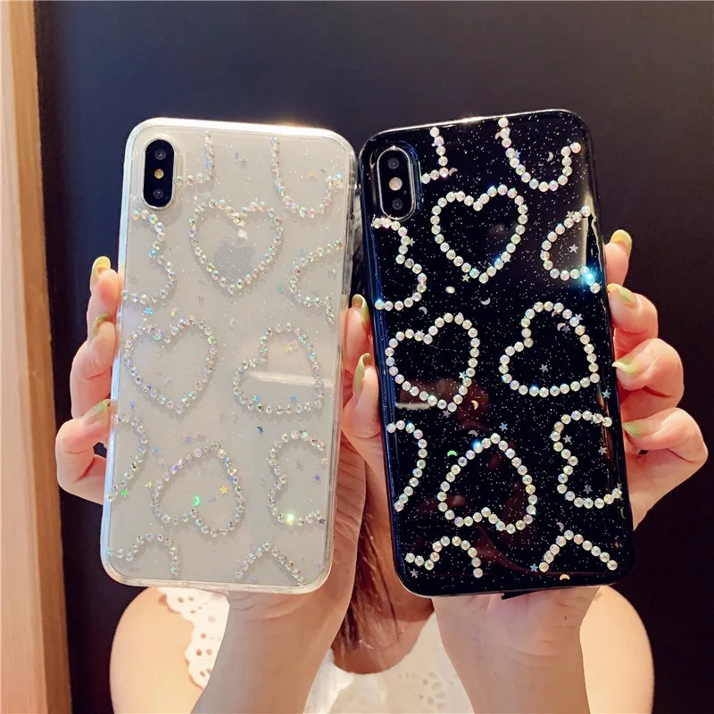 Epoxy Handa Glitter Love Heart Rhinestone Phone Case For iPhone12 13 14 15pro 13promax X XS XR Max 7 8 Plus