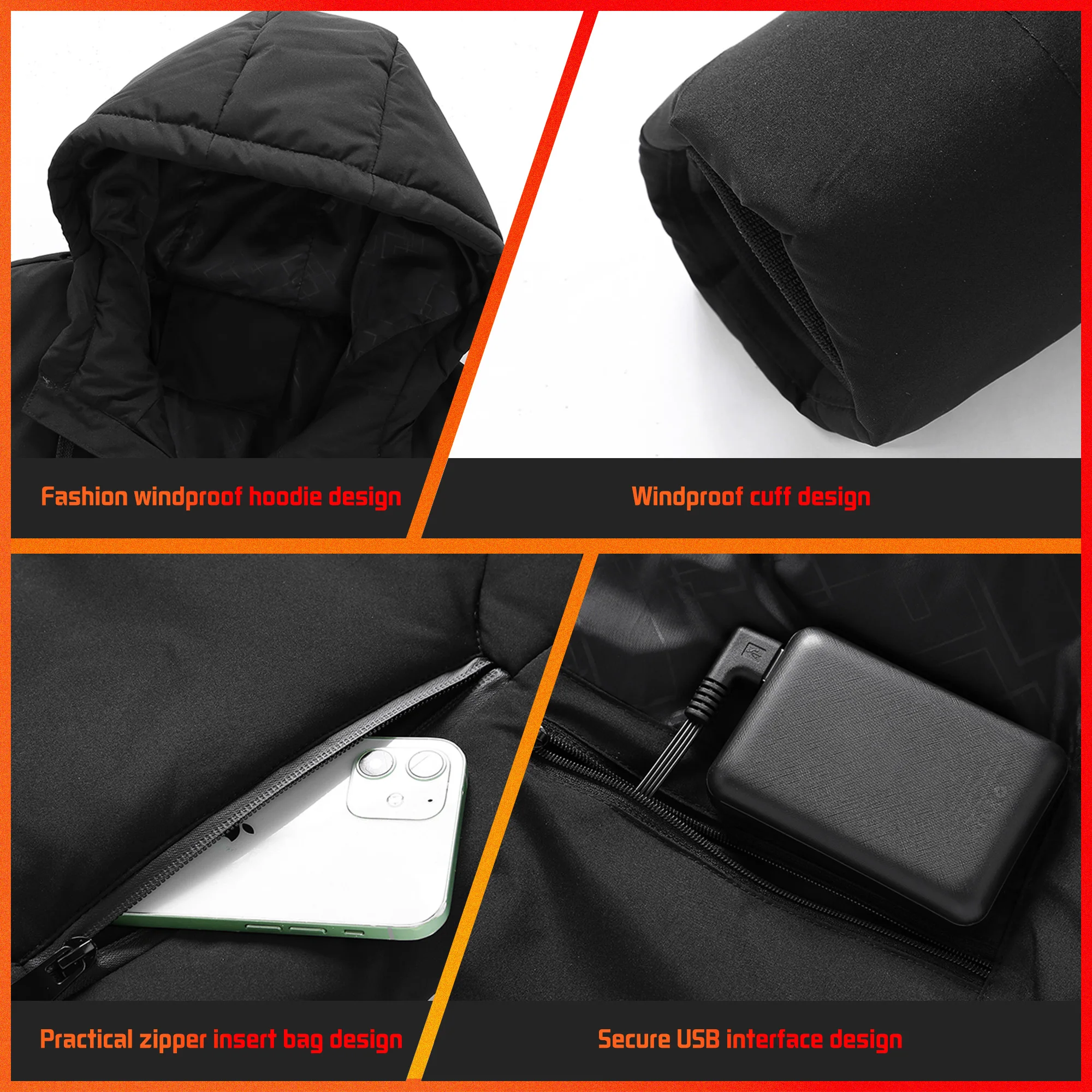 TODWARM Heated Jacket Winter Heating Motorcycle Jacket USB Electric Heating Jackets Hooded Camping Warm Motorcycle Heated Clothe