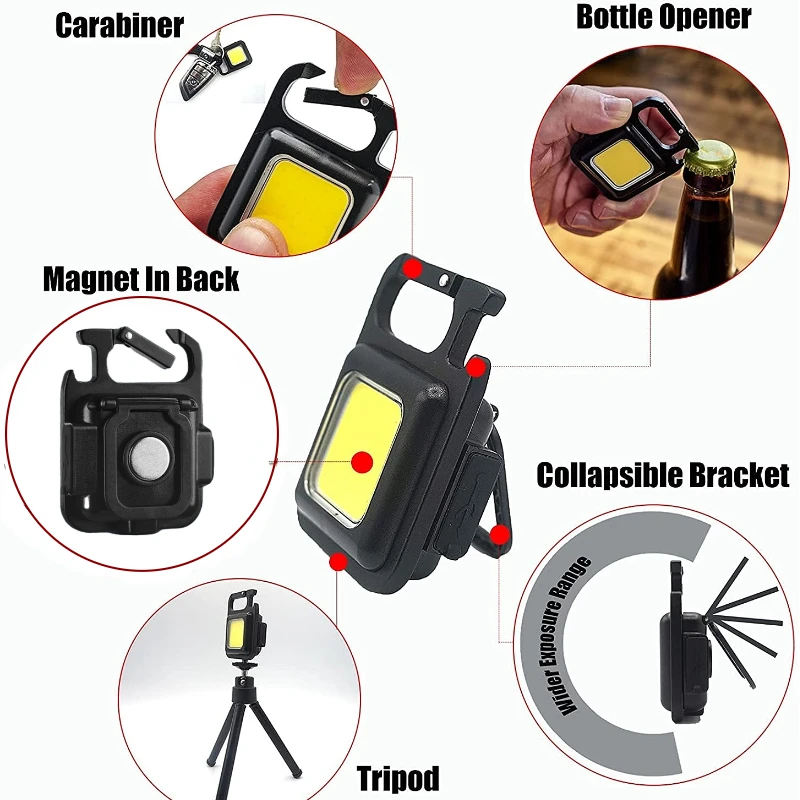 Mini lampe de travail LED COB multifonctionnelle, porte-clés, lampe torche Portable Rechargeable, plein air, Camping, tire-bouchon