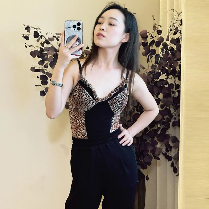 Adults Ballroom Dance Training Suits Sleeveless Leopard Top Modern Dancing Pants For Women Latin Dance Competition Wear SL13628