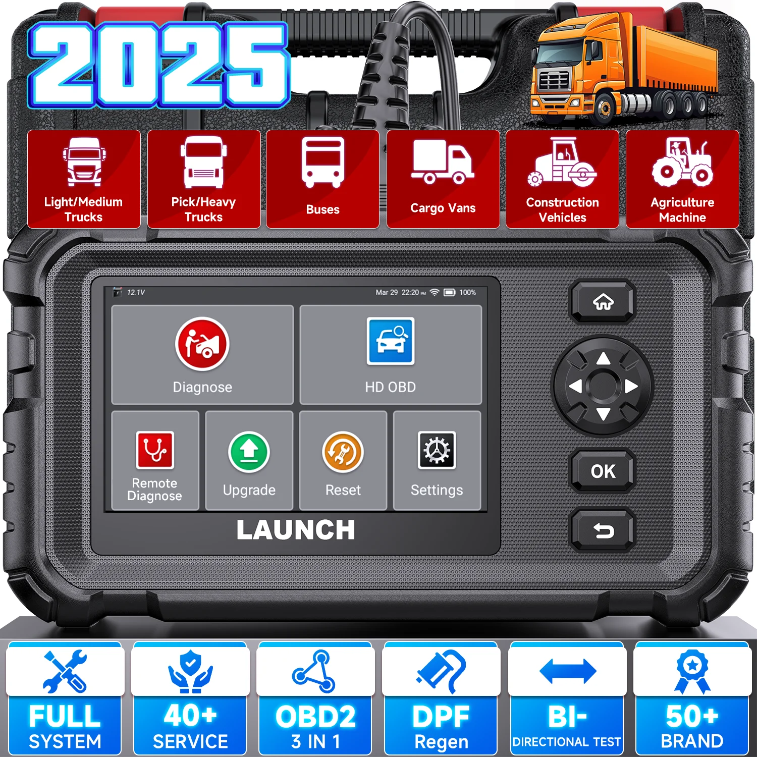 

LAUNCH Heavy Duty Truck Diagnostic Tool D.PF Regen Speed Limit Adjust For Truck All System Scan for Truck For Cummis Caterpillar