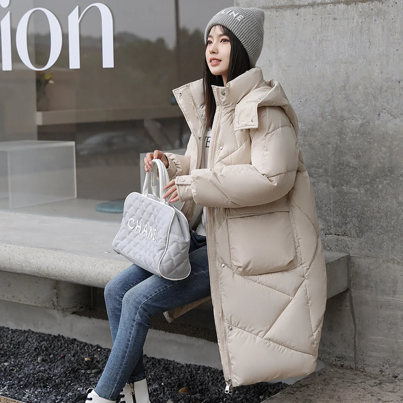 Winter Rhombic Lattice Loose Cotton Jacket Coat Women\'s Solid Color Big Pocket Hooded Jackets Casual Medium Long Parka 2023 New