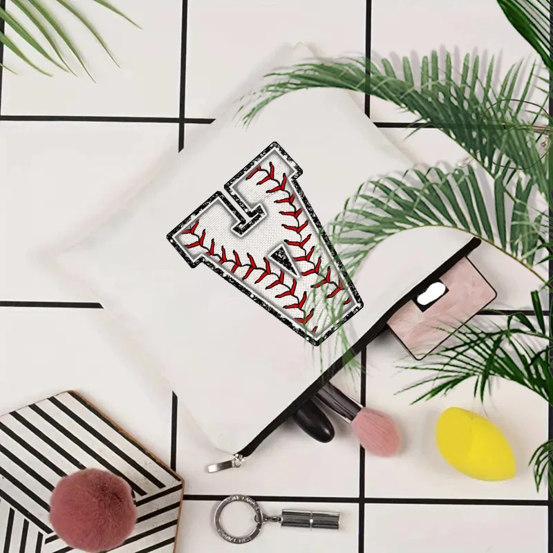 Baseball Initial Makeup Bag Monogrammed Cosmetic Bag Letter A Baseball Gifts for Girls Women Baseball Player Coach Friend