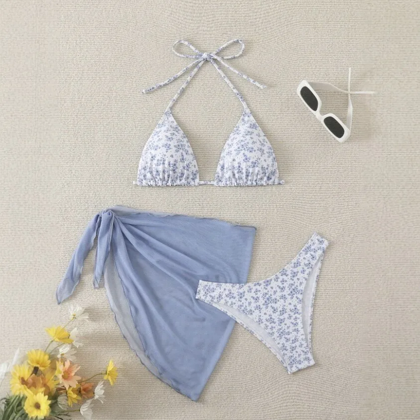 Women's Swimwear Bikini Triangle Top Floral Print Bikinis Halter Neck Tie Front Swimsuit High Cut Bottom Two Piece Swimsuit