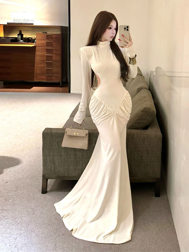 Vestido Vintage de sirena ceñido con pliegues y huecos para mujer, vestido largo hasta el suelo con Espalda descubierta, vestido elegante para fiesta y baile