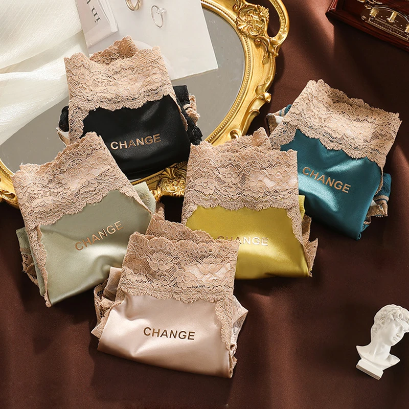 Fashion Women's Satin Underwear Sexy Lace Panties Hollow Out Mid Waist Briefs Female Seamless Ladies Soft Underpants Lingerie