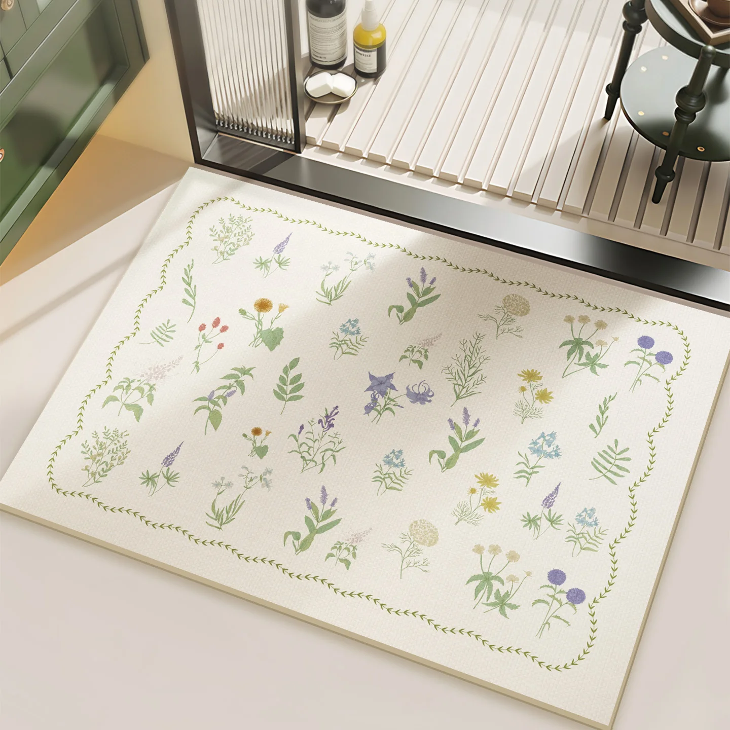 

Fresh Floral Bath Mat Pastoral Garden Style Bathroom Rug Super Absorbent PVC Non-Slip Floor Mat Aesthetic Flower Shower Pad