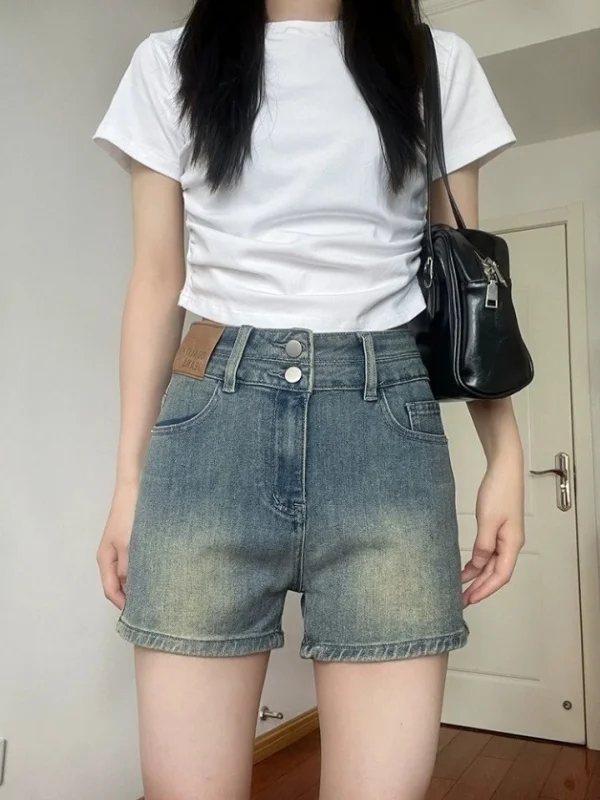 

High Waist Straight Leg Denim Shorts Women's Summer New Style Elastic Slimming Hot Pants Double Buckle Retro Korean Series