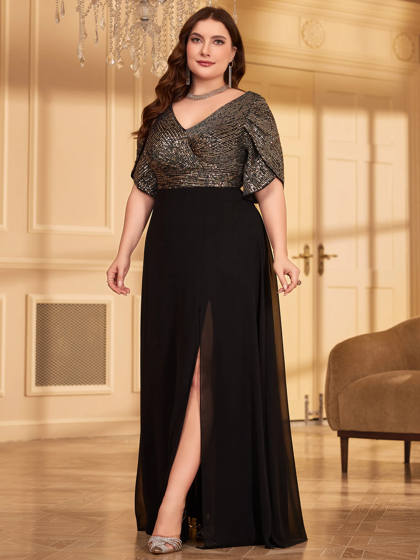 UNITHORSE Plus Size Sequin Patchwork Chiffon Formal Dress Black Elegant Prom Evening Wedding Guest Gown, For Graduation, Dinner view 5
