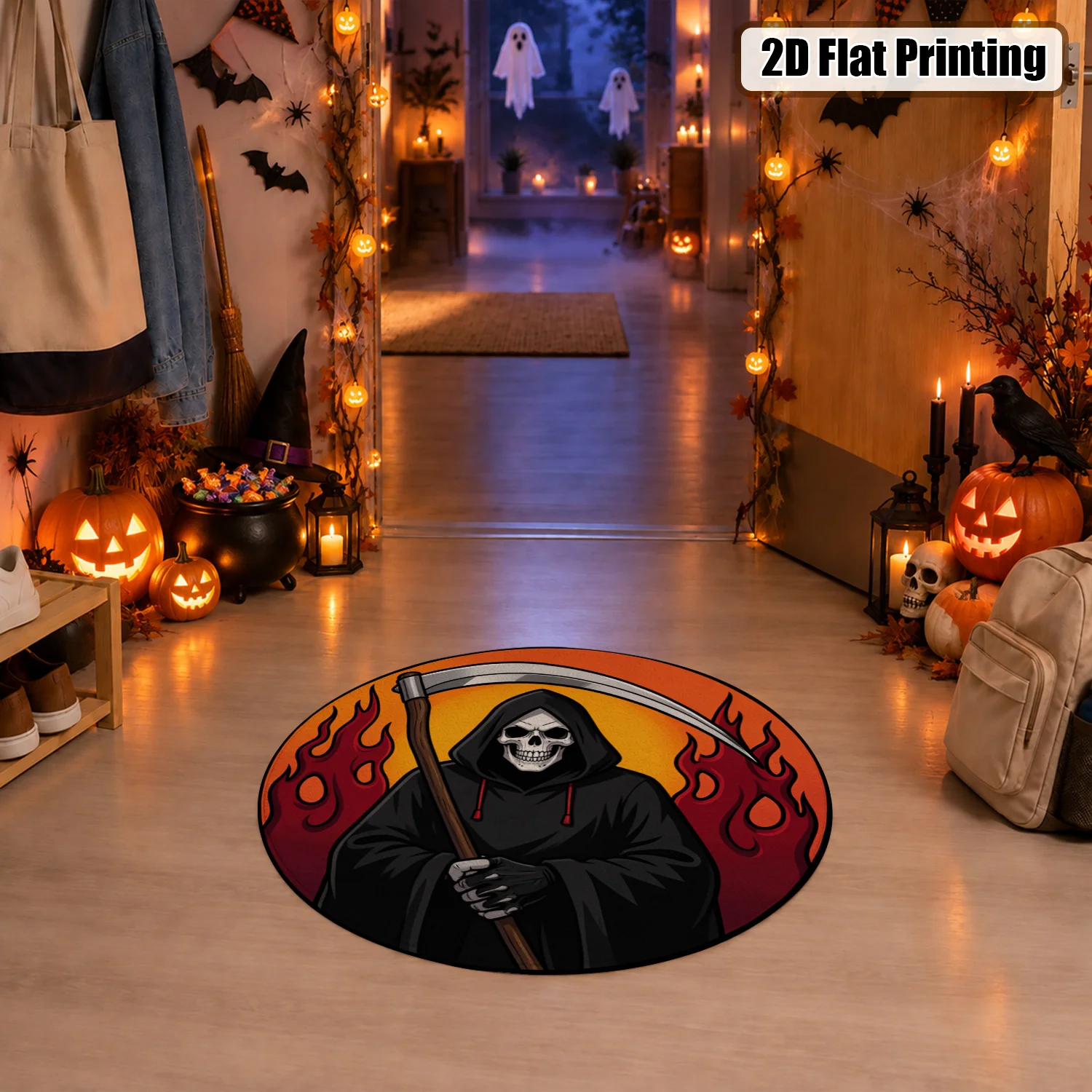 Grim Reaper Flames Pattern Velvet Doormat Machine Washable for Entry Living Room Hallway Halloween Thanksgiving Black Friday Christmas New Year