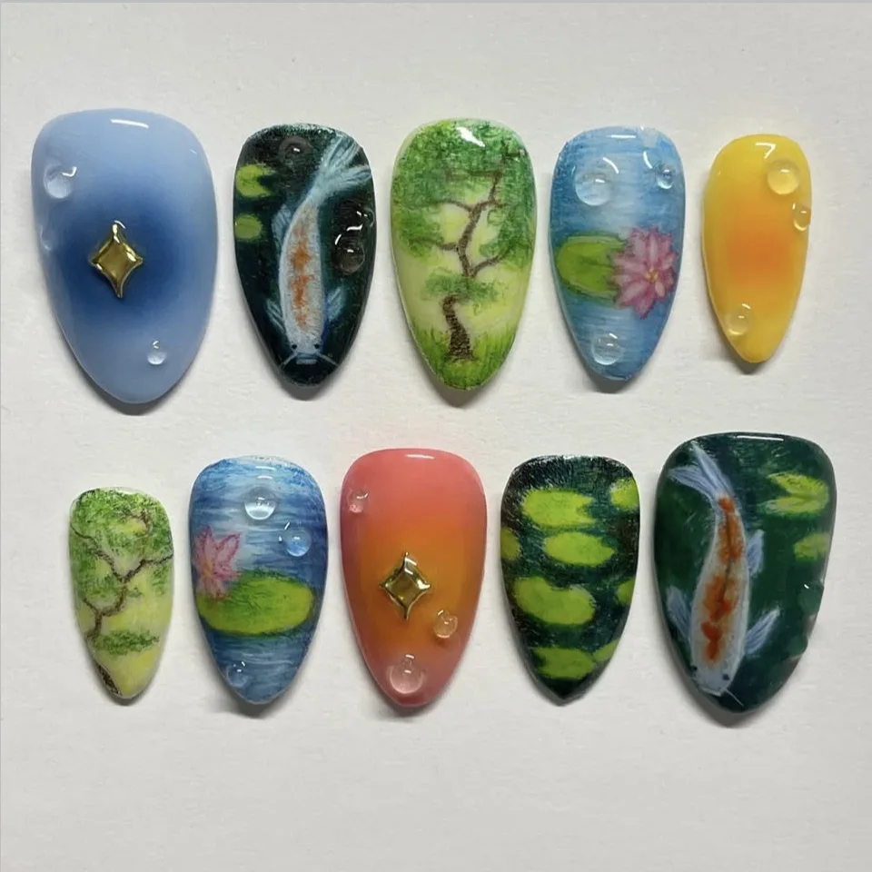 

24PCS Summer Forest Lotus Koi Almond Press on Nails Blue Green Sweet Paintings False Nails Elegant Nature Style Removable Nails
