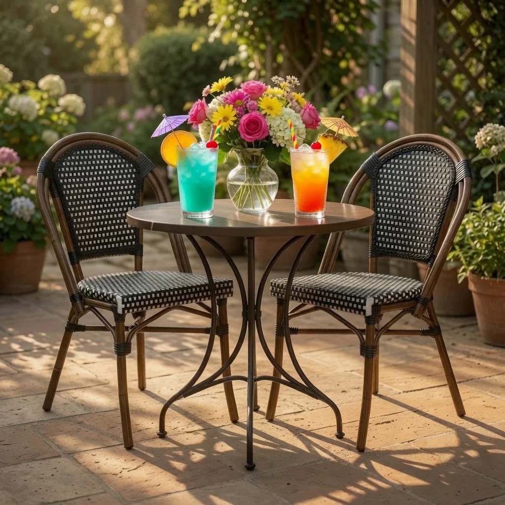 French Bistro Chair Aluminum Bamboo-Look Wicker PE Rattan Stackable Outdoor Cafe Seating 28*1.5mm