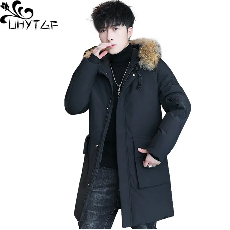 

UHYTGF Quality Down Jacket Winter Coat Men's Fashion Fur Collar Hooded Cold Proof Warm Parka Jackets Male Thick Men Overcoat 188