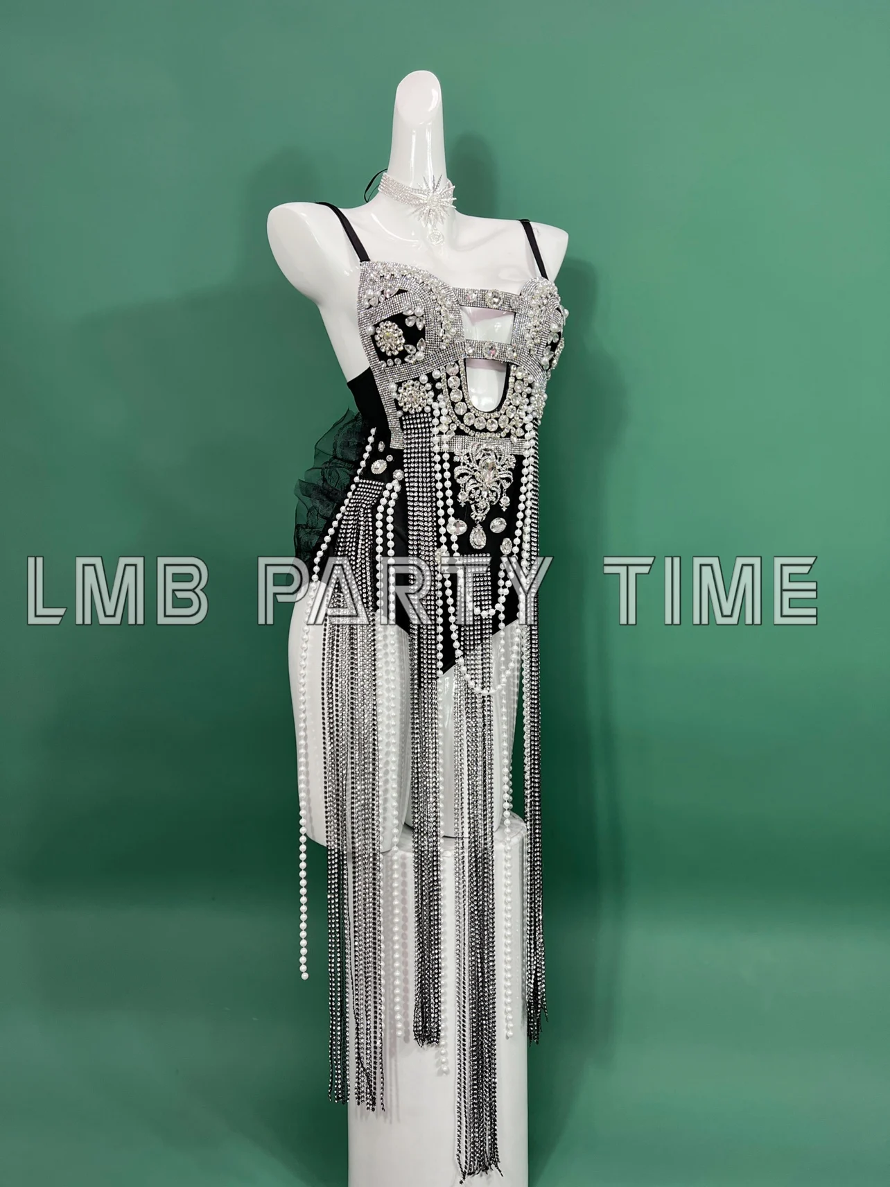 Bar Nightclub DJ Dancer Sexy Stage Wear Sparkly Rhinestone Beading Tassel Bodysuit Leotard Women Singer Team Performance Costume