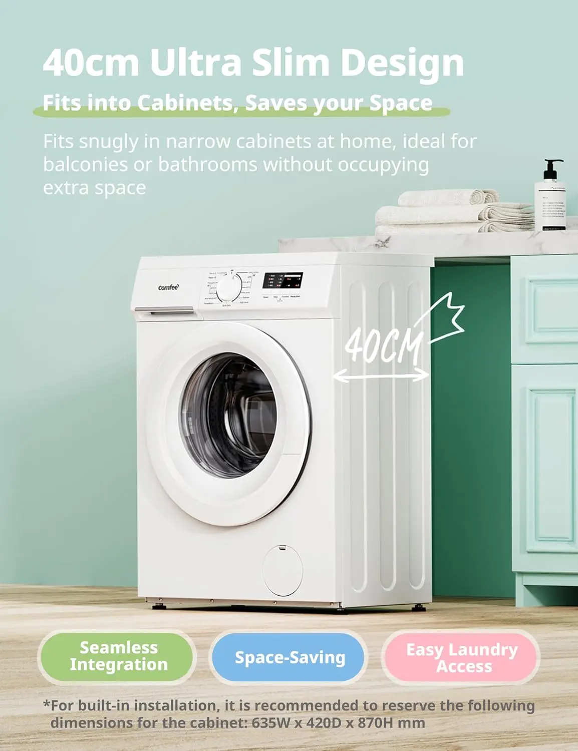 Lavadora independiente COMFEE, lavado por calor 90 ℃ , Lavado rápido, 15 programas de lavado, blanco