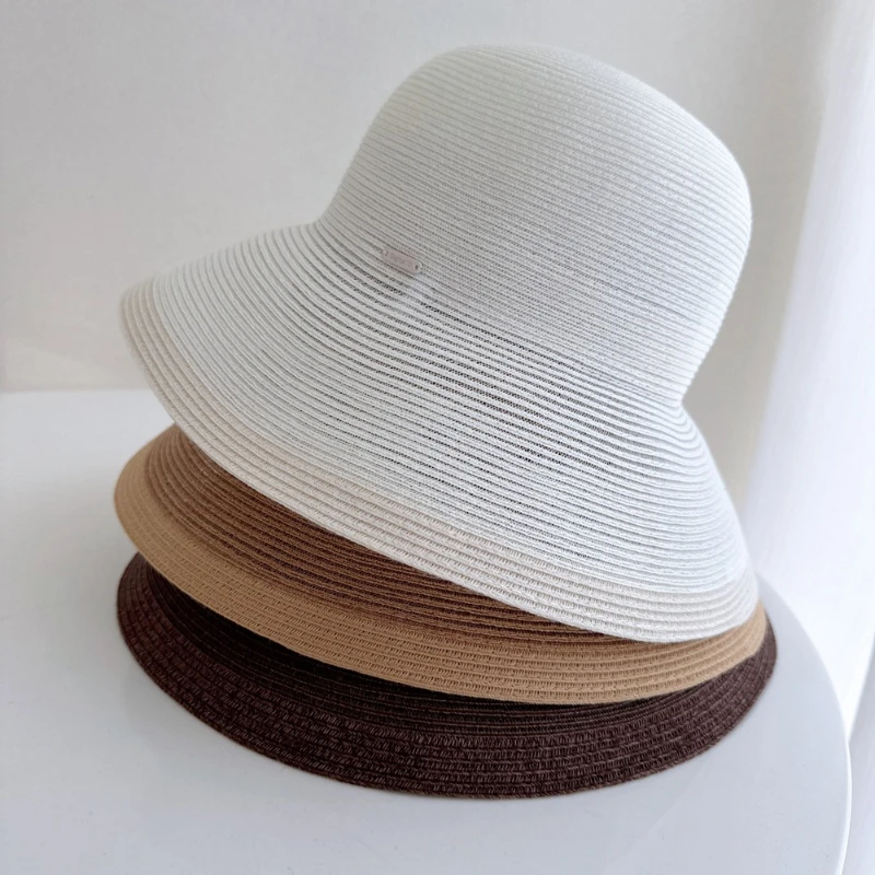 

Outdoor Foldable Women Straw Bucket Hat Solid Color Wide Brim Summer Travel Sun Caps Breathable Fisherman Hat
