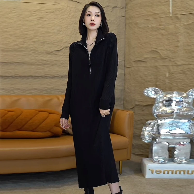 

Womens Dresses High Neck Long Sleeved Zippered Solid Color Knitted Dress Autumn Winter 2023 New Style Women Clothes Long Skirt