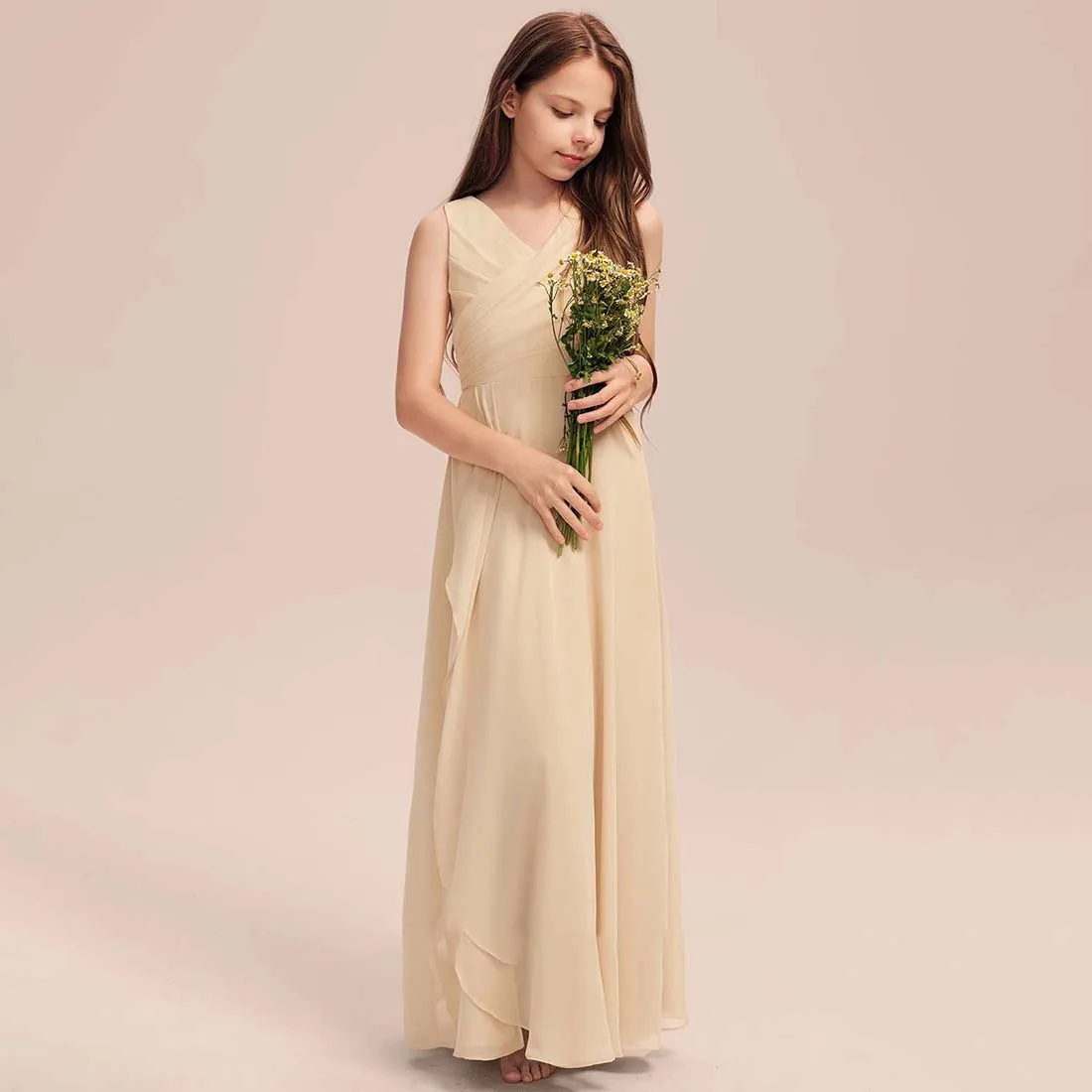 YZYmanualroom Chiffon Junior Bridesmaid Dress With Pleated A-line V-Neck Floor-Length 2-15T