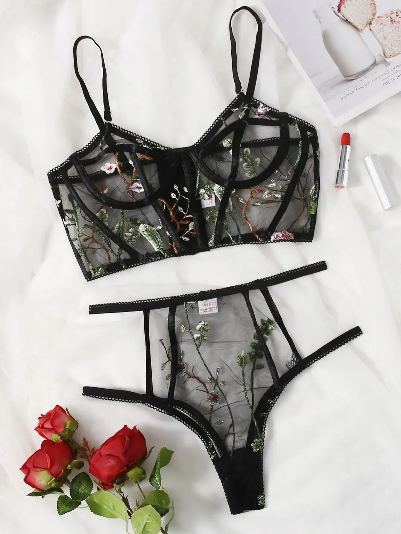 Lencería Sexy con bordado de flores para mujer, ropa interior Sexy, Tanga traviesa de talla grande, ropa de dormir para damas