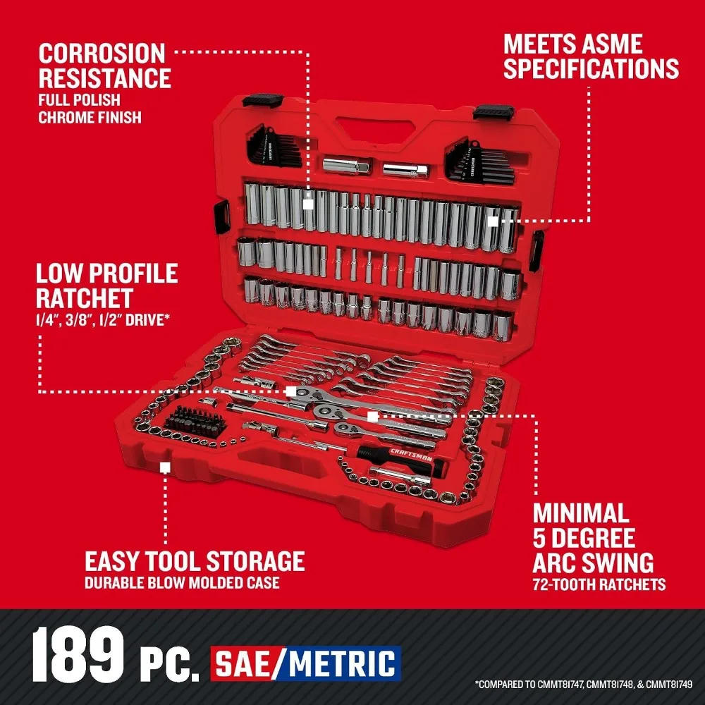 189 Piece Mechanics Tool Set 1/4 3/8 1/2 Inch Drive Socket Wrench Set Steel 6 12-Point Sockets Bits