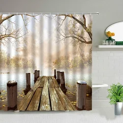 Wooden Bridge Forest Scenery Shower Curtain Set Waterfall Flower Plant Tree Bird Mount Fuji Landscape Bath Curtains With Hooks