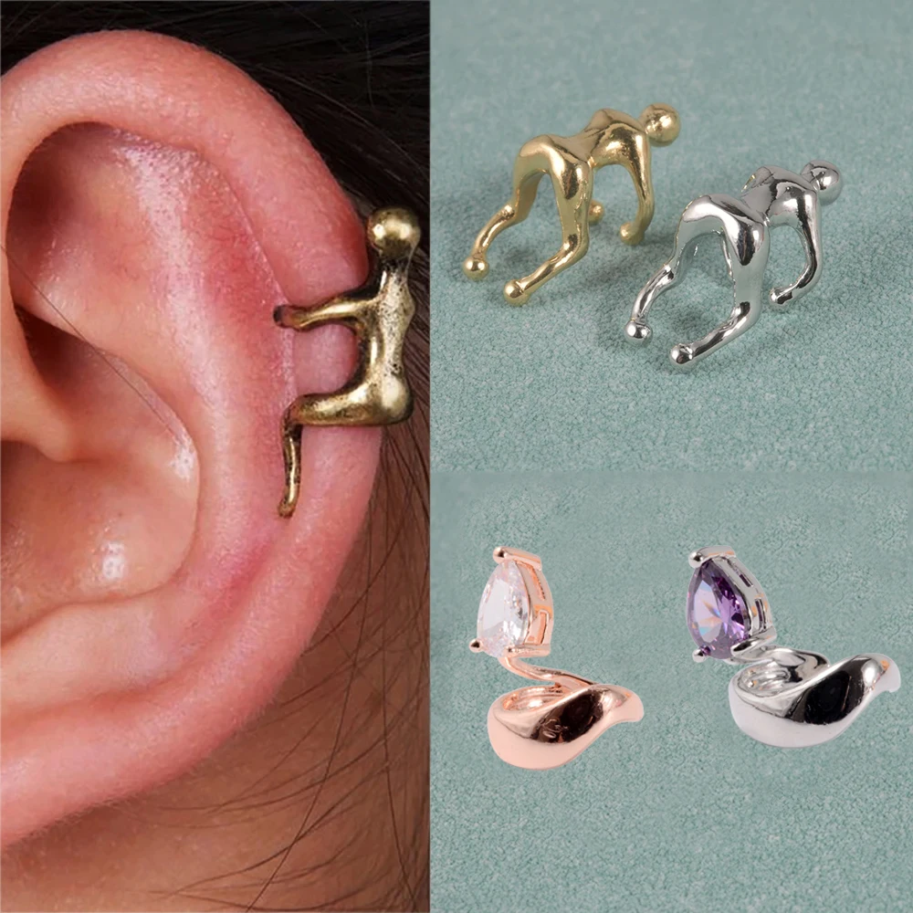 1PC Small Human Body Lie Flat Ear Clip Earrings for Womens Waterdro Zirconia Ear Cuff Party Fashion Shiny Earring Jewelry Gift