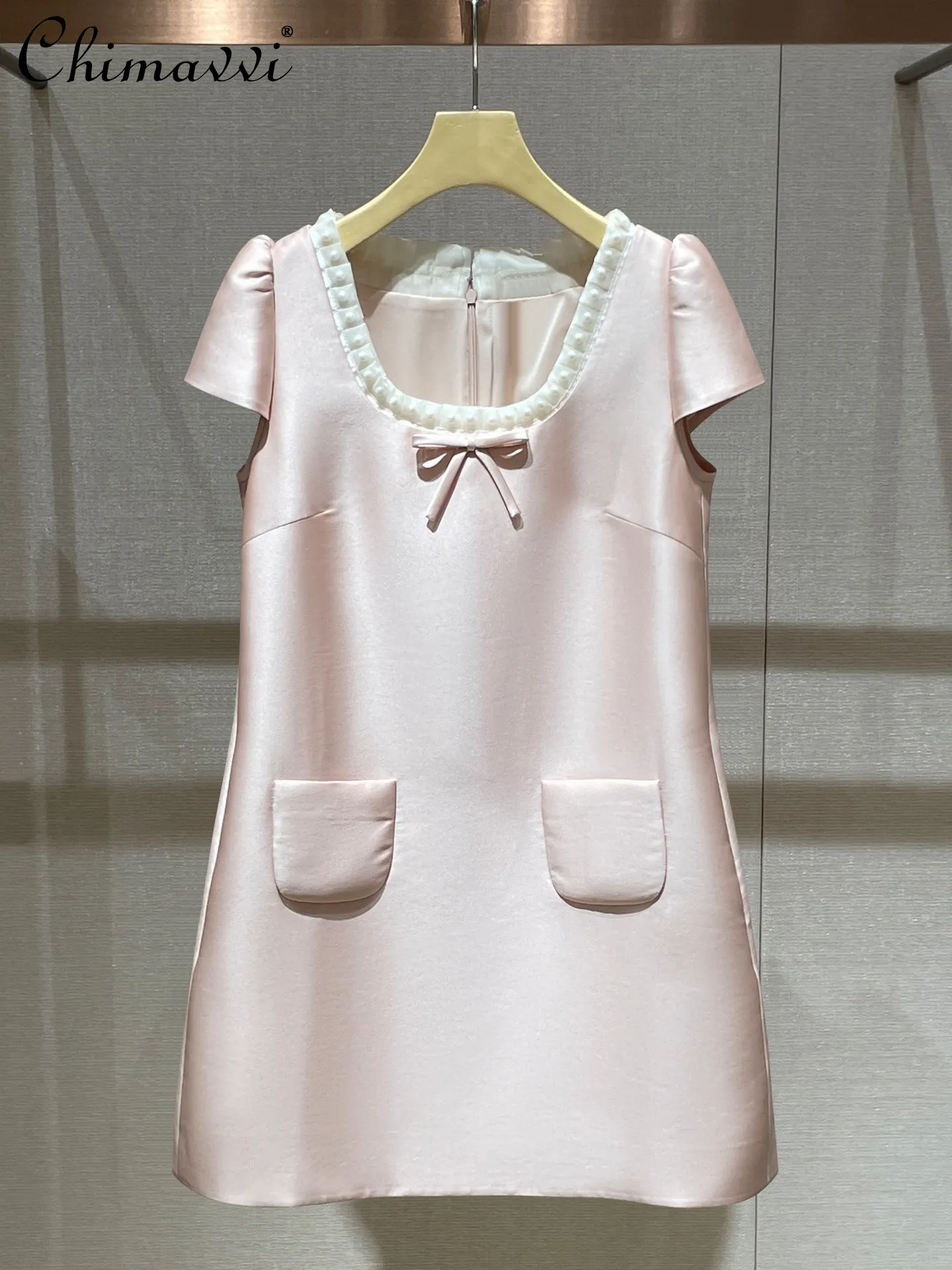 

French Elegant Sweet Socialite Birthday Party Dress Beaded U-Neck Bow Short Sleeve Loose Waist A-line Short Dress Women Summer