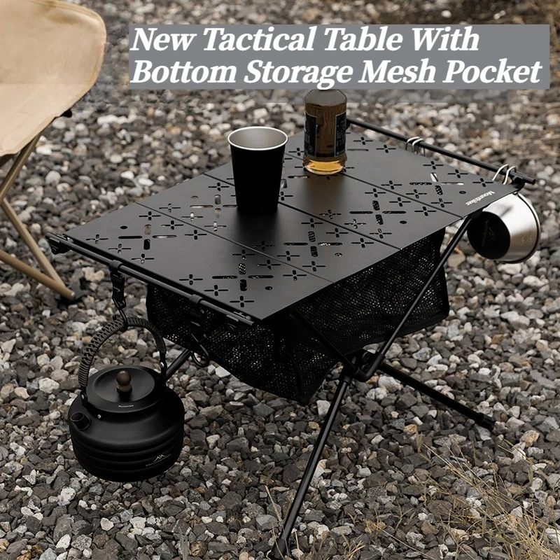 New Tactical Camping Table Lightweight Aluminum Alloy Desk with Bottom Storage Mesh Pocket Portable Design