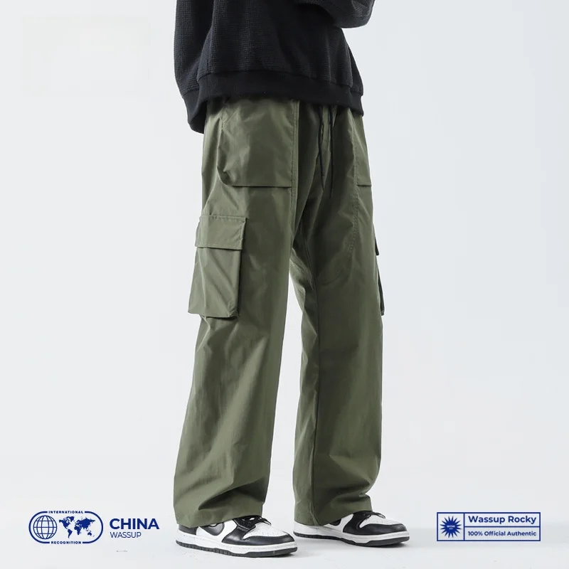 

WASSUP Men's Casual Pants Large kets Wide Leg Straight Cut Sports Long Trousers Spring Summer Faion Trend een Color