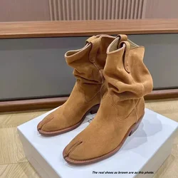 2025 New Brown Tabi Boots Split Toe Chunky Short Heel Women Boots Leather Zapatos Mujer Fashion Autumn Women Shoes Botas Mujer