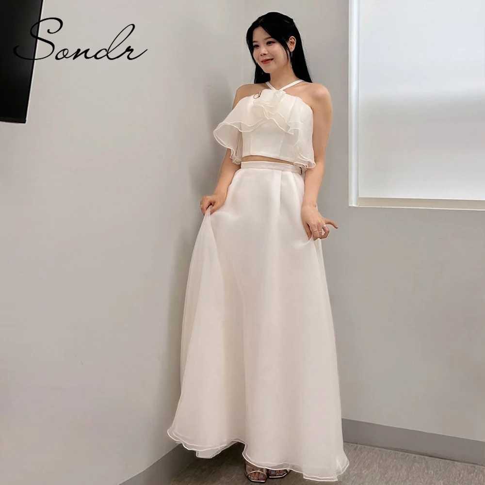 

Sondr 2 Pieces Simple Halter Ruffled Korean Wedding Dresses Customized A Line Silk Organza Bridal Wedding Reception Dresses