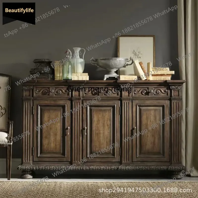 

A139 Американский шкаф на крыльце из цельного дерева, вилла в стиле ретро, резной трехдверный обеденный боковой шкаф для хранения, декоративный шкаф