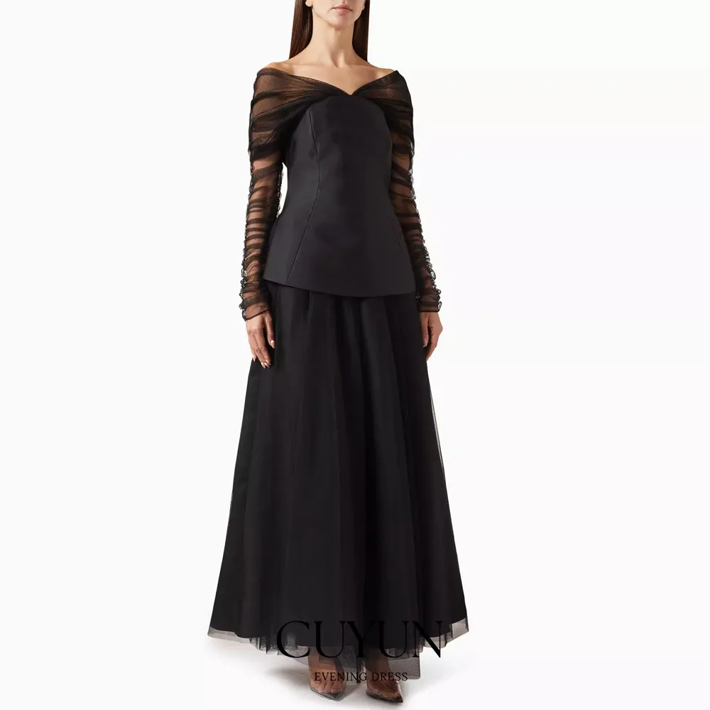 CUYUN Customized Black Satin Prom Dresses Off the Shoulder Tulle Sleeves Patchwork Evening Gown Women Party Dresses Saudi Kuwait