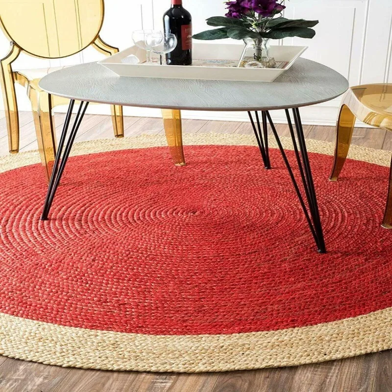 

Red Round Braided Rug 100% Natural Handmade Jute Carpet Living Rustic Look Area