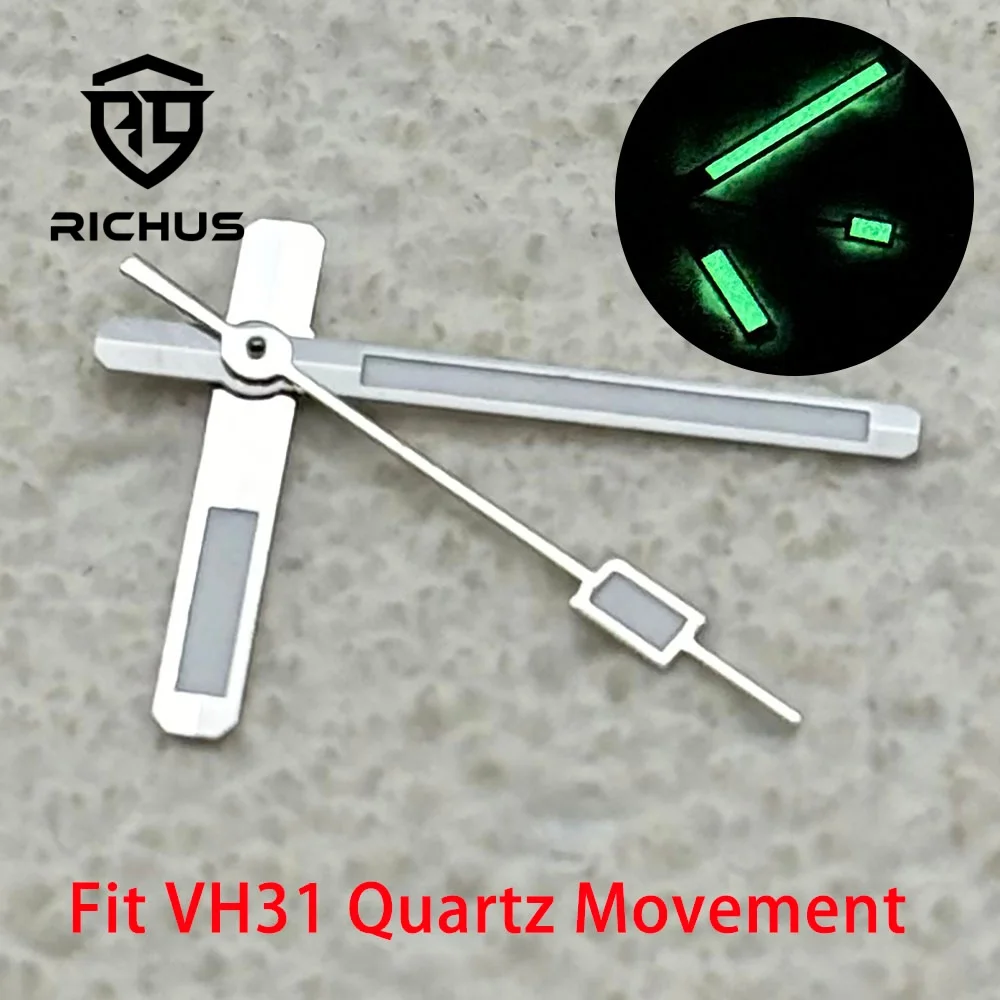 RICHUS Green Luminous Watch Hands Set Silver Quartz Movement Hour Minute Second Fit VH31 Watch Repair Mod Parts