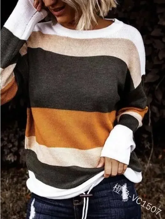 Fall Sweaters Round Neck Striped Cute Winter Pullover Sweaters for Women Trendy 2023 Drawstring