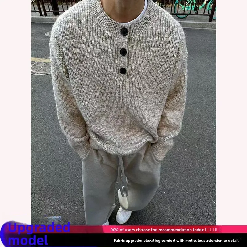 

Ay Мужской свитер с воротником Генри в американском стиле ретро, зимний ленивый свитер, высококачественный вязаный джинт, удобный свободный крой